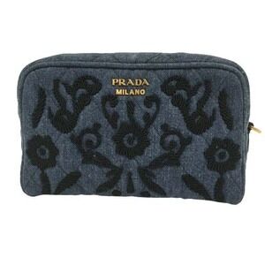 Prada Blue Denim Black Cosmetic Makeup Embroidery